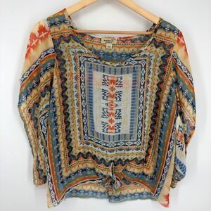 One World Womens Kimono Top Size Medium Multiprint Blouse Sheer Tribal‎